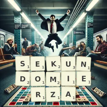 Kreatywna ilustracja do gry w Scrabble ze słowem SEKUNDOMIERZA ułożonym z płytek na planszy.