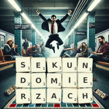 Kreatywna ilustracja do gry w Scrabble ze słowem SEKUNDOMIERZACH ułożonym z płytek na planszy.