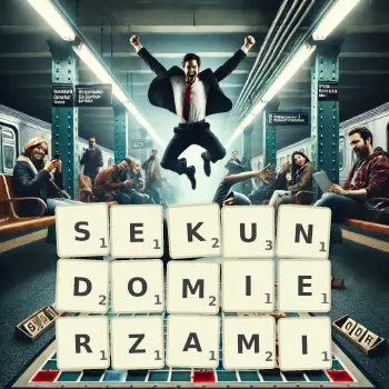 Kreatywna ilustracja do gry w Scrabble ze słowem SEKUNDOMIERZAMI ułożonym z płytek na planszy.