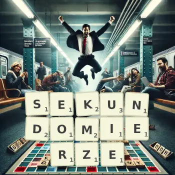 Kreatywna ilustracja do gry w Scrabble ze słowem SEKUNDOMIERZE ułożonym z płytek na planszy.