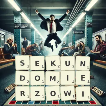 Kreatywna ilustracja do gry w Scrabble ze słowem SEKUNDOMIERZOWI ułożonym z płytek na planszy.