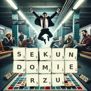 Kreatywna ilustracja do gry w Scrabble ze słowem SEKUNDOMIERZU ułożonym z płytek na planszy.