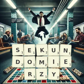 Kreatywna ilustracja do gry w Scrabble ze słowem SEKUNDOMIERZY ułożonym z płytek na planszy.