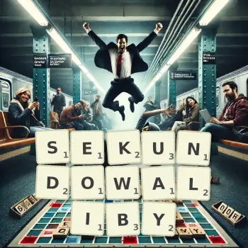 Kreatywna ilustracja do gry w Scrabble ze słowem SEKUNDOWALIBY ułożonym z płytek na planszy.