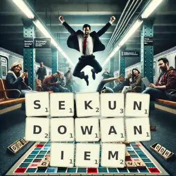 Kreatywna ilustracja do gry w Scrabble ze słowem SEKUNDOWANIEM ułożonym z płytek na planszy.