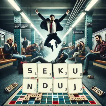 Kreatywna ilustracja do gry w Scrabble ze słowem SEKUNDUJ ułożonym z płytek na planszy.