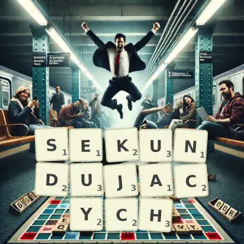 Kreatywna ilustracja do gry w Scrabble ze słowem SEKUNDUJACYCH ułożonym z płytek na planszy.