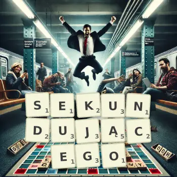 Kreatywna ilustracja do gry w Scrabble ze słowem SEKUNDUJĄCEGO ułożonym z płytek na planszy.