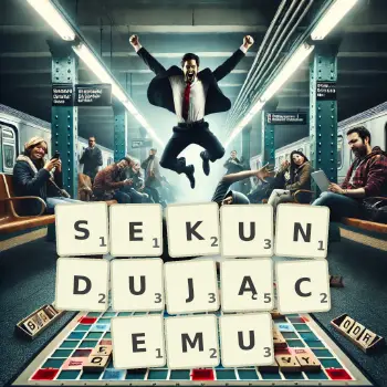 Kreatywna ilustracja do gry w Scrabble ze słowem SEKUNDUJĄCEMU ułożonym z płytek na planszy.