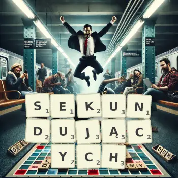 Kreatywna ilustracja do gry w Scrabble ze słowem SEKUNDUJĄCYCH ułożonym z płytek na planszy.