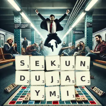 Kreatywna ilustracja do gry w Scrabble ze słowem SEKUNDUJĄCYMI ułożonym z płytek na planszy.