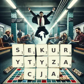 Kreatywna ilustracja do gry w Scrabble ze słowem SEKURYTYZACJA ułożonym z płytek na planszy.