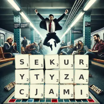 Kreatywna ilustracja do gry w Scrabble ze słowem SEKURYTYZACJAMI ułożonym z płytek na planszy.