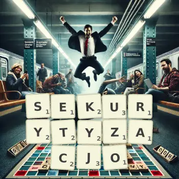 Kreatywna ilustracja do gry w Scrabble ze słowem SEKURYTYZACJO ułożonym z płytek na planszy.