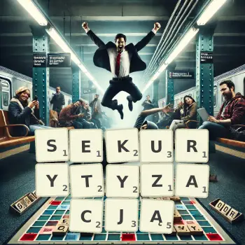 Kreatywna ilustracja do gry w Scrabble ze słowem SEKURYTYZACJĄ ułożonym z płytek na planszy.