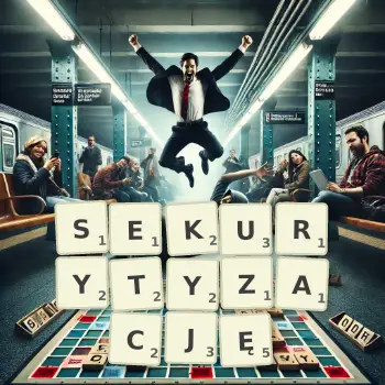 Kreatywna ilustracja do gry w Scrabble ze słowem SEKURYTYZACJĘ ułożonym z płytek na planszy.