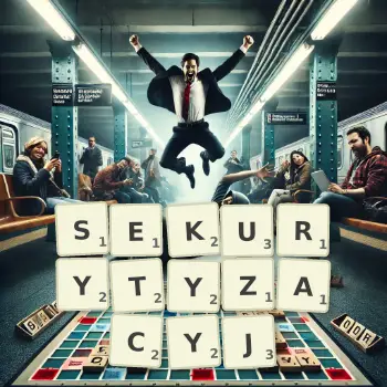 Kreatywna ilustracja do gry w Scrabble ze słowem SEKURYTYZACYJ ułożonym z płytek na planszy.
