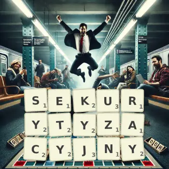 Kreatywna ilustracja do gry w Scrabble ze słowem SEKURYTYZACYJNY ułożonym z płytek na planszy.