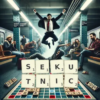 Kreatywna ilustracja do gry w Scrabble ze słowem SEKUTNIC ułożonym z płytek na planszy.