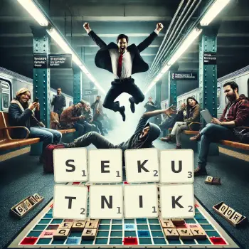 Kreatywna ilustracja do gry w Scrabble ze słowem SEKUTNIK ułożonym z płytek na planszy.