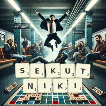 Kreatywna ilustracja do gry w Scrabble ze słowem SEKUTNIKI ułożonym z płytek na planszy.