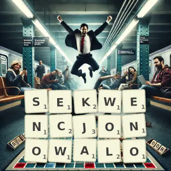 Kreatywna ilustracja do gry w Scrabble ze słowem SEKWENCJONOWALO ułożonym z płytek na planszy.