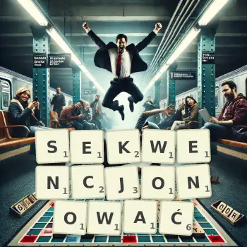 Kreatywna ilustracja do gry w Scrabble ze słowem SEKWENCJONOWAĆ ułożonym z płytek na planszy.