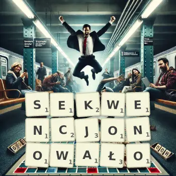 Kreatywna ilustracja do gry w Scrabble ze słowem SEKWENCJONOWAŁO ułożonym z płytek na planszy.