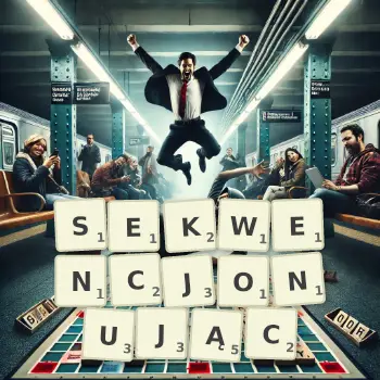 Kreatywna ilustracja do gry w Scrabble ze słowem SEKWENCJONUJĄC ułożonym z płytek na planszy.