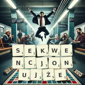 Kreatywna ilustracja do gry w Scrabble ze słowem SEKWENCJONUJŻE ułożonym z płytek na planszy.