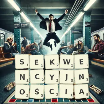 Kreatywna ilustracja do gry w Scrabble ze słowem SEKWENCYJNOŚCIĄ ułożonym z płytek na planszy.