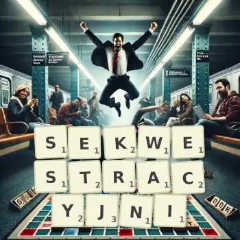 Kreatywna ilustracja do gry w Scrabble ze słowem SEKWESTRACYJNI ułożonym z płytek na planszy.