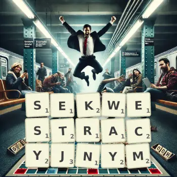 Kreatywna ilustracja do gry w Scrabble ze słowem SEKWESTRACYJNYM ułożonym z płytek na planszy.