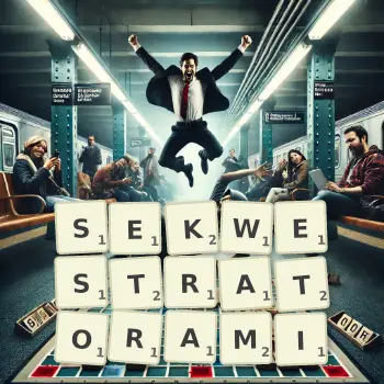 Kreatywna ilustracja do gry w Scrabble ze słowem SEKWESTRATORAMI ułożonym z płytek na planszy.