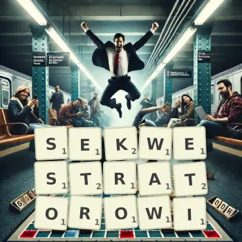 Kreatywna ilustracja do gry w Scrabble ze słowem SEKWESTRATOROWI ułożonym z płytek na planszy.