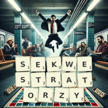 Kreatywna ilustracja do gry w Scrabble ze słowem SEKWESTRATORZY ułożonym z płytek na planszy.