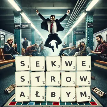 Kreatywna ilustracja do gry w Scrabble ze słowem SEKWESTROWAŁBYM ułożonym z płytek na planszy.