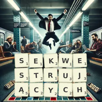 Kreatywna ilustracja do gry w Scrabble ze słowem SEKWESTRUJĄCYCH ułożonym z płytek na planszy.