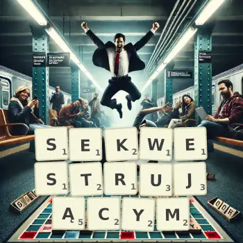 Kreatywna ilustracja do gry w Scrabble ze słowem SEKWESTRUJĄCYM ułożonym z płytek na planszy.