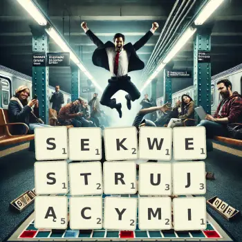Kreatywna ilustracja do gry w Scrabble ze słowem SEKWESTRUJĄCYMI ułożonym z płytek na planszy.