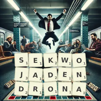 Kreatywna ilustracja do gry w Scrabble ze słowem SEKWOJADENDRONA ułożonym z płytek na planszy.