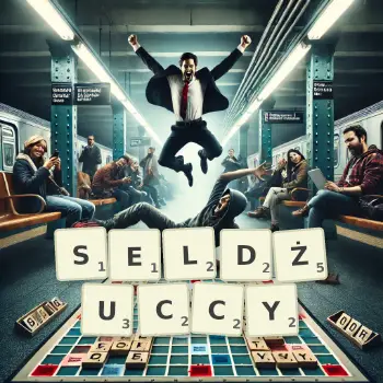 Kreatywna ilustracja do gry w Scrabble ze słowem SELDŻUCCY ułożonym z płytek na planszy.