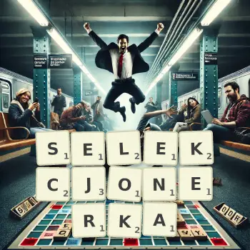 Kreatywna ilustracja do gry w Scrabble ze słowem SELEKCJONERKA ułożonym z płytek na planszy.