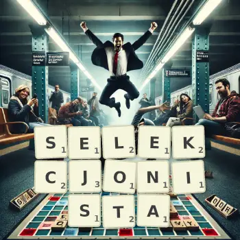 Kreatywna ilustracja do gry w Scrabble ze słowem SELEKCJONISTA ułożonym z płytek na planszy.