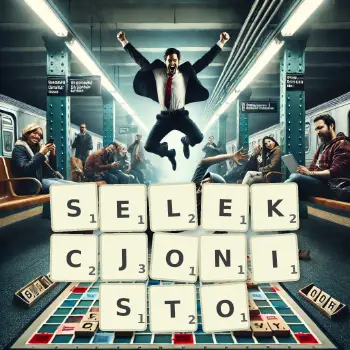 Kreatywna ilustracja do gry w Scrabble ze słowem SELEKCJONISTO ułożonym z płytek na planszy.