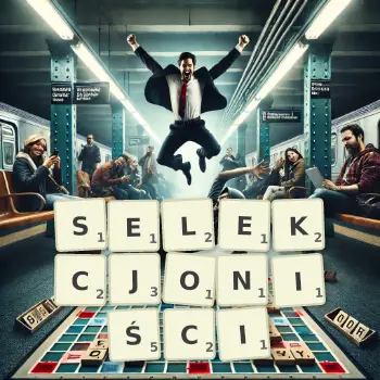 Kreatywna ilustracja do gry w Scrabble ze słowem SELEKCJONIŚCI ułożonym z płytek na planszy.