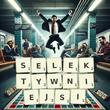 Kreatywna ilustracja do gry w Scrabble ze słowem SELEKTYWNIEJSI ułożonym z płytek na planszy.