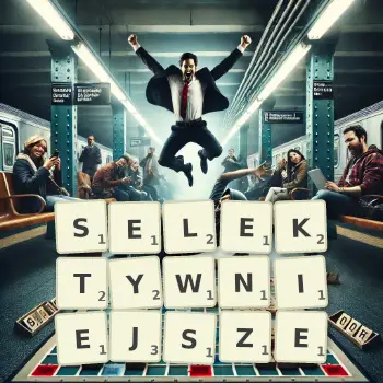 Kreatywna ilustracja do gry w Scrabble ze słowem SELEKTYWNIEJSZE ułożonym z płytek na planszy.
