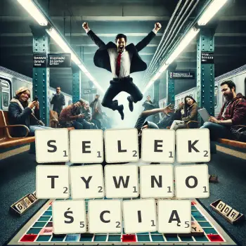Kreatywna ilustracja do gry w Scrabble ze słowem SELEKTYWNOŚCIĄ ułożonym z płytek na planszy.