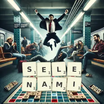 Kreatywna ilustracja do gry w Scrabble ze słowem SELENAMI ułożonym z płytek na planszy.